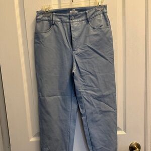 Le Lis Light Blue Faux Leather Pants with Feathered trim